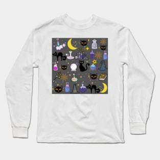 Black Cat Black Magic_Grey Background Long Sleeve T-Shirt